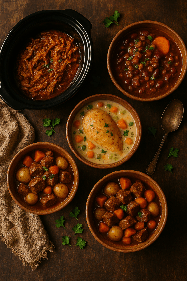 healthy crockpot recipes for crockpot meals the whole family will love- showing the crockpot meals on a table