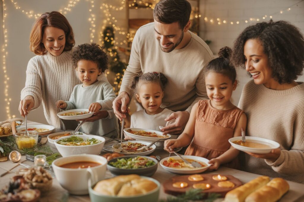 family holiday scene dishing up food to eat mindfully