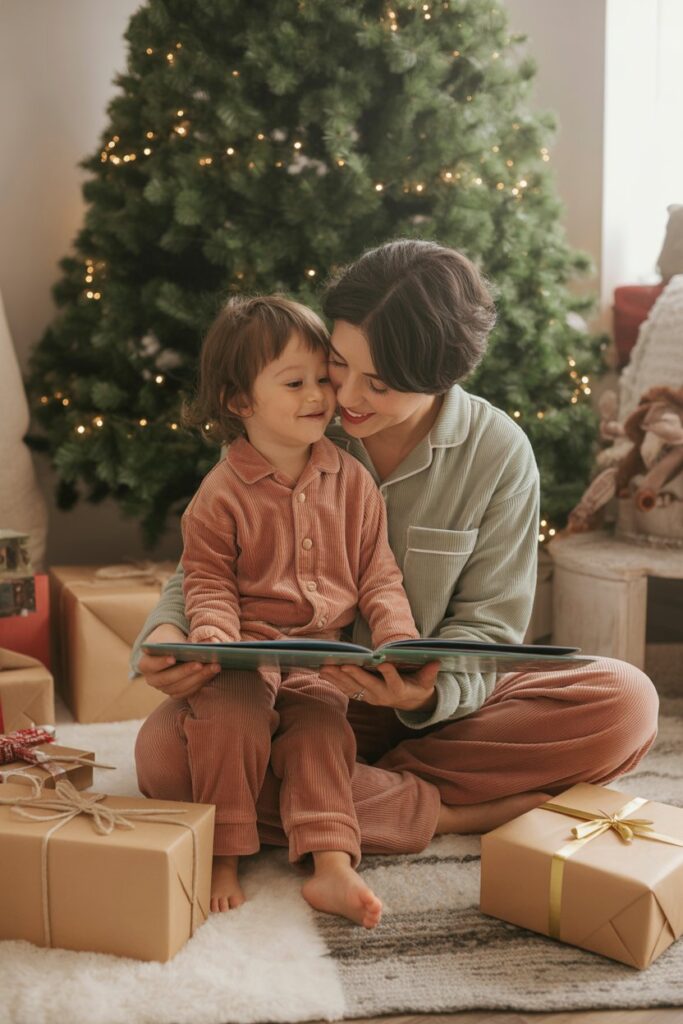 Parent reading a Christmas bedtime story to a toddler, strengthening family relationships through consistent holiday routines.