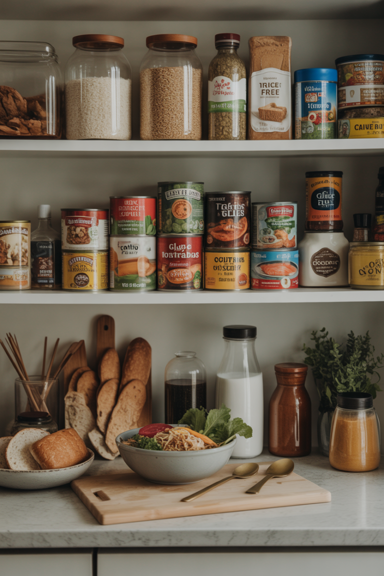 Warm, realistic kitchen scene — pantry staples + simple dinner being assembled (not a styled pantry)