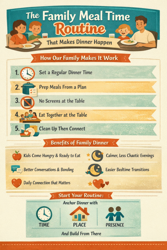 Simple routine or infographic-style image (time, table, no screens, cleanup, connection)